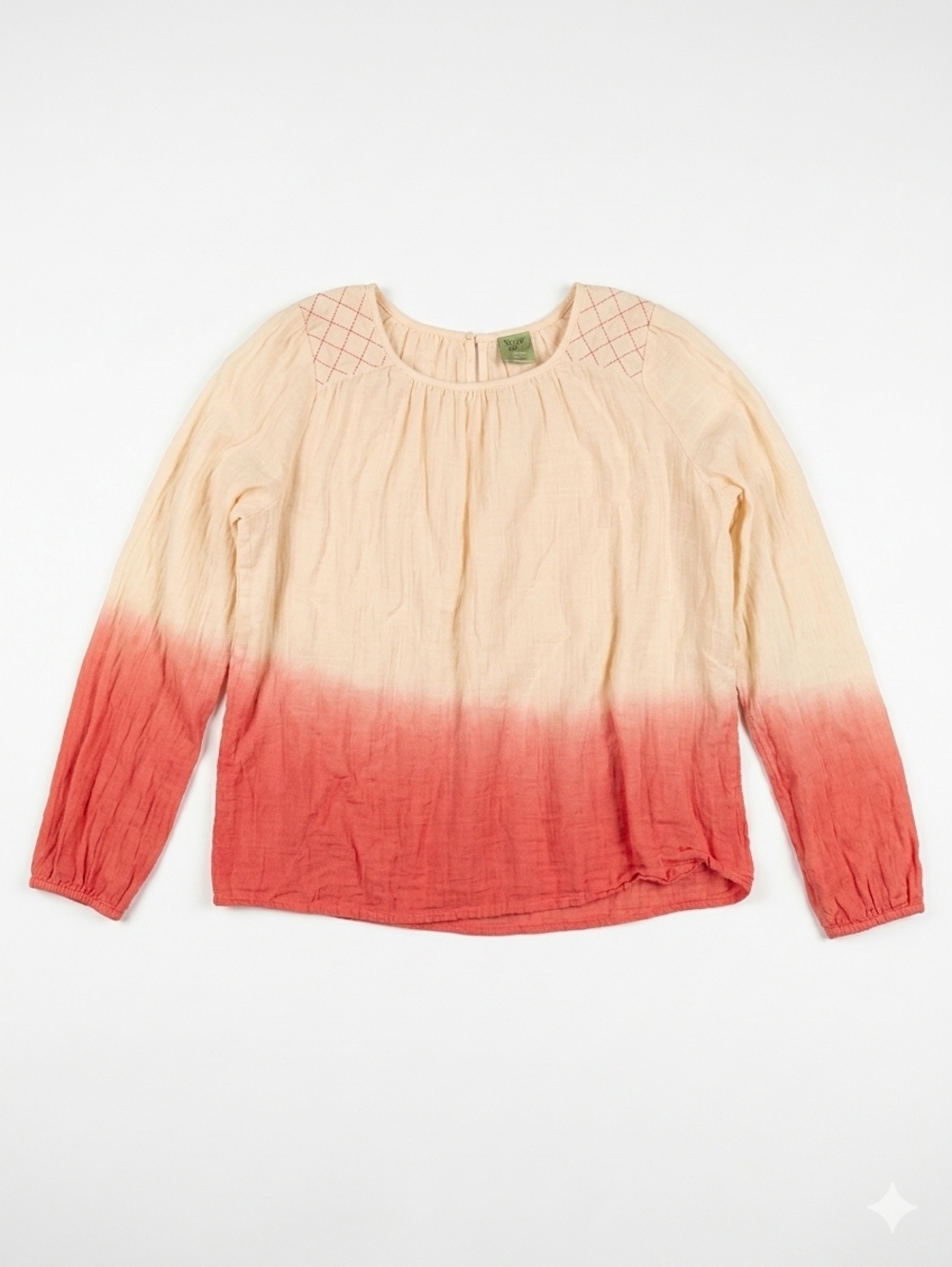True Craft Boho Ombre Dip Dye Gauze Blouse Size L 100% Cotton Coral Pink Cream